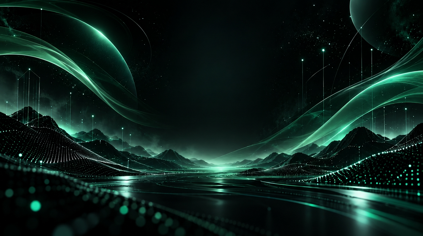 MetaKortx digital landscape wallpaper with glowing mint mountains